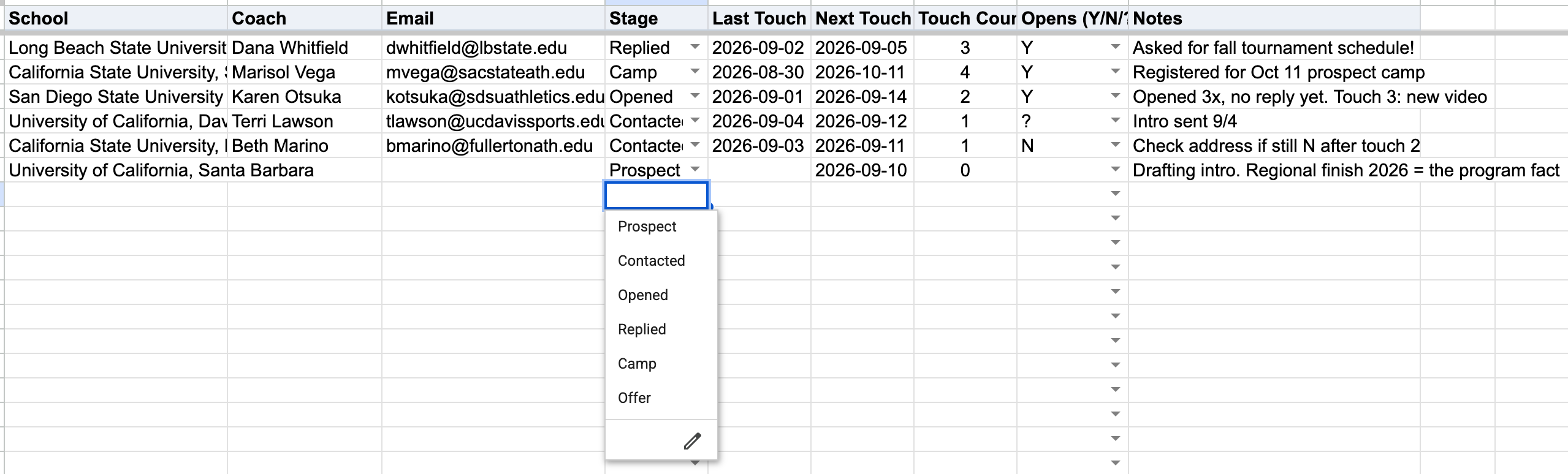 The tracker spreadsheet with a school pipeline, stage dropdown open showing Prospect, Contacted, Opened, Replied, Camp, and Offer, plus last touch, next touch, touch count, opens, and notes columns.