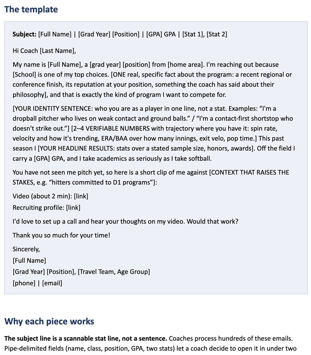 The cold intro email template, showing a fill-in-the-blank subject line and body, followed by a section explaining why each piece works.